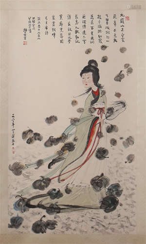 CHINESE SCROLL PAINTING OF BEAUTY WITH CALLIGRAPHY