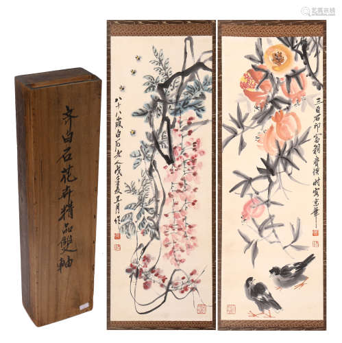 TWO PANELS OF CHINESE SCROLL PAINTING OF BIRD AND FLOWER