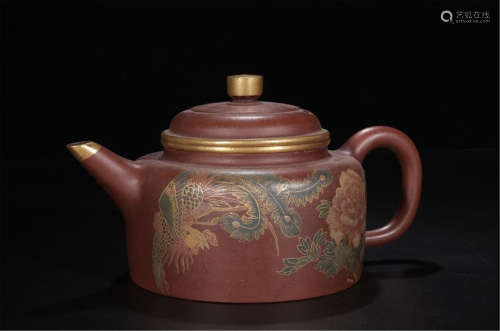 CHINESE COLOR PAINTED PHOENIX YIXING ZISHA RED CLAY TEA POT