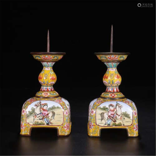 PAIR OF CHINESE ENAMEL HORSE GIRL CANDLE HOLDERS