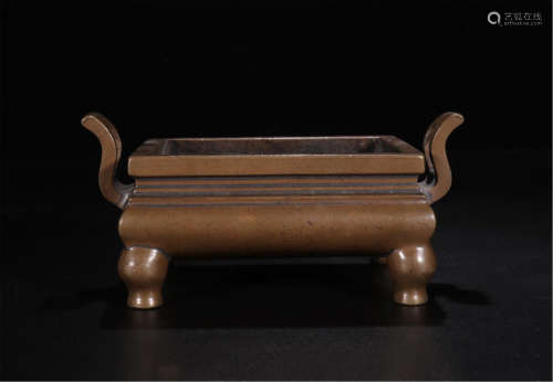 CHINESE BRONZE LONG HANDLE FOUR FEET SQUARE CENSER