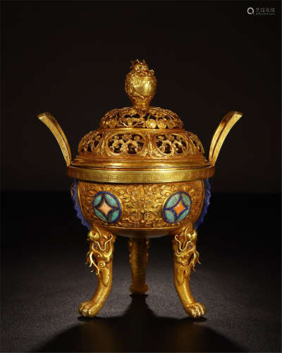CHINESE GEM STONE INLAID PURE GOLD TRIPLE FEET LIDDED CENSER