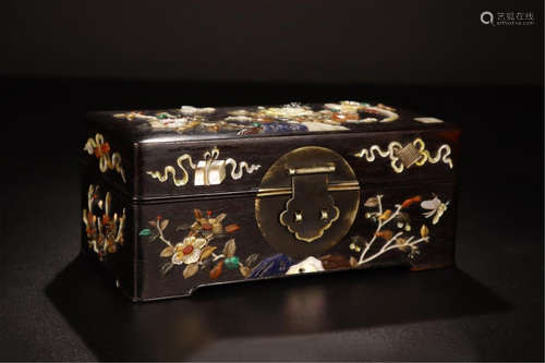 CHINESE GEM STONE INLAID HARDWOOD ZITAN JEWELRY CASE