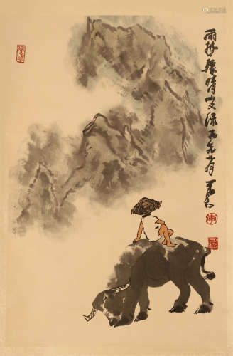 CHINESE SCROLL PAINTING OF BOY ON OX
