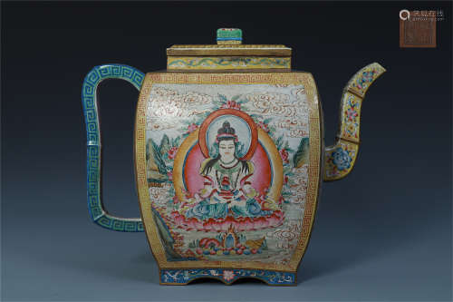 CHINESE COLOR PAINTED SEATED GUANYIN YIXIN ZISHA CLAY TEA POT