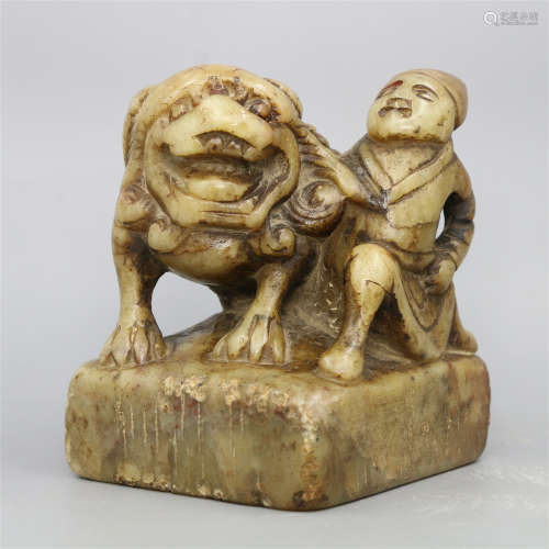 CHINESE SOAPSTONE MAN WITH BEAST PAPER WEIGHT