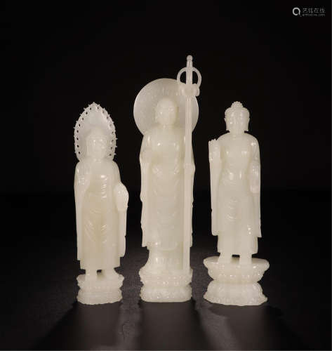 THREE CHINESE WHITE JADE STANDING BUDDHA