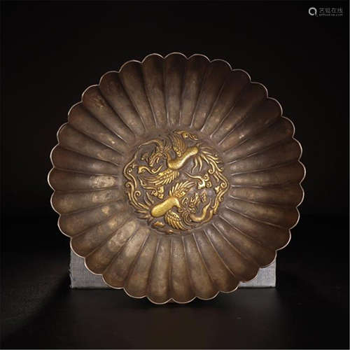 CHINESE GILT SILVER PHOENIX FLOWER SHAPED PLATE