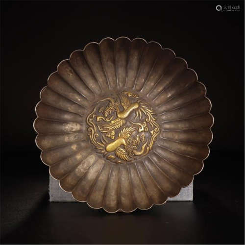 CHINESE GILT SILVER PHOENIX FLOWER SHAPED PLATE
