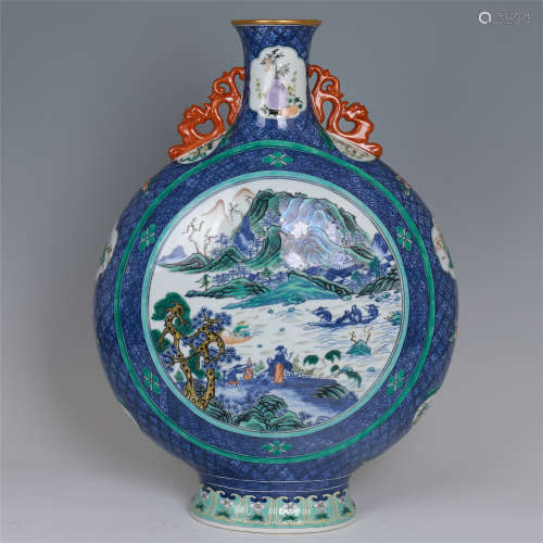 CHINESE PORCELAIN BLUE AND WHITE MOUNTAIN VIEWS MOONFLASK VASE