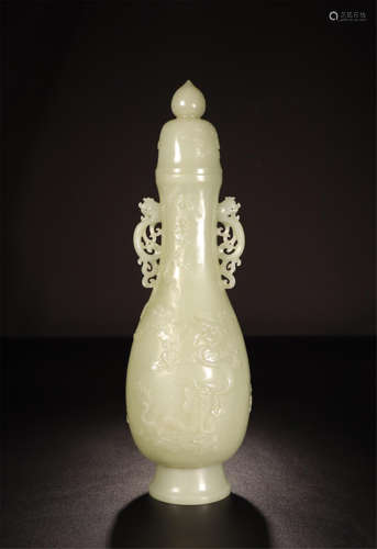 CHINESE WHITE JADE DRAGON HANDLE LIDDED VASE