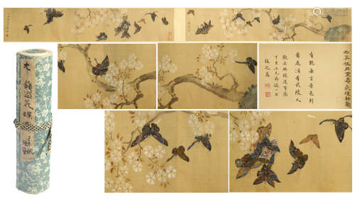 CHINESE HAND SCROLL PAINTING OF BUTTERFLY AND FLOWER WITH CALLIGRAPHY