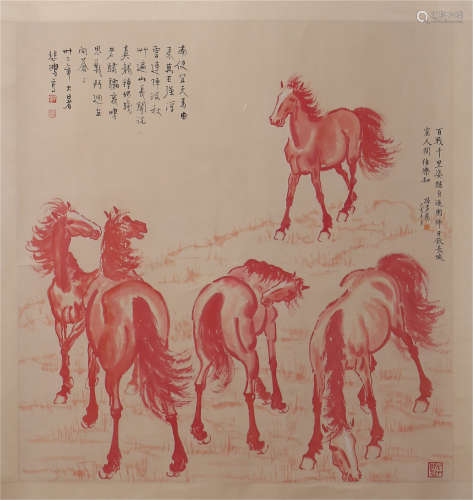 CHINESE SCROLL PAINTING OF HORSE WITH CALLIGRAPHY