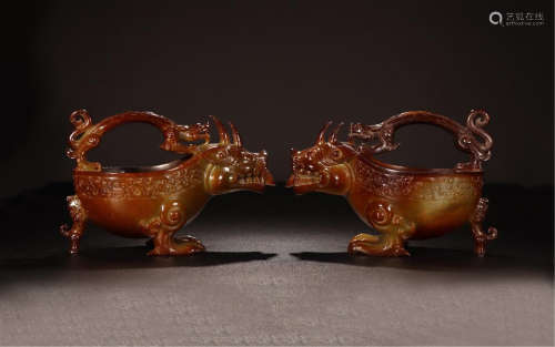 PAIR OF CHINESE ANCIENT JADE DRAGON WATER DROPPERS