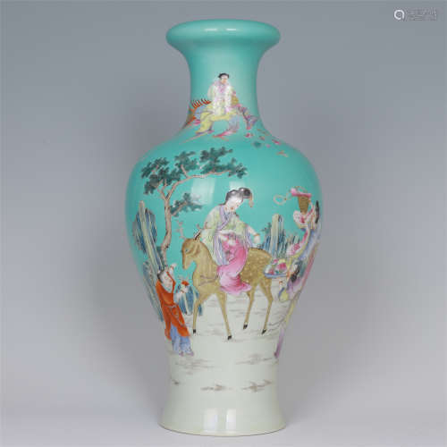 CHINESE PORCELAIN TURQUOISE GLAZE FAMILLE ROSE BEAUTY ON DEER VASE