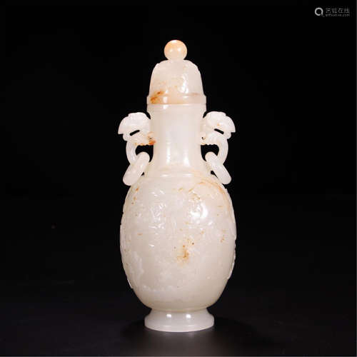 CHINESE WHITE JADE LINGCHI LOOP HANDLE LIDDED VASE