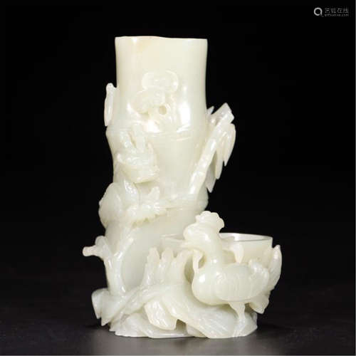 CHINESE WHITE JADE BIRD AND FLOWER BAMBOO SHAPED FLOWER HOLDER