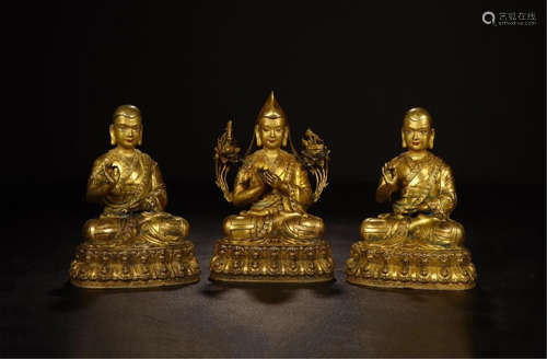 THREE TIBETAN GILT BRONZE SEATED GURU