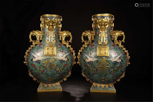 PAIR OF CHINESE CLOISONNE BIRD AND FLOWER MOONFLASK VASES