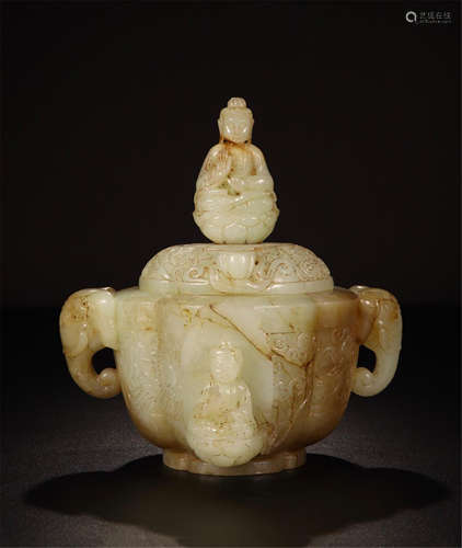 CHIENSE WHITE JADE ELEPHANT TRUNK HANDLE BUDDHA CENSER