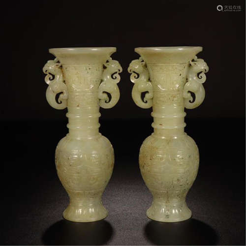 PAIR OF CHINESE CELADON JADE PHOENIX HANDLE GU VASE