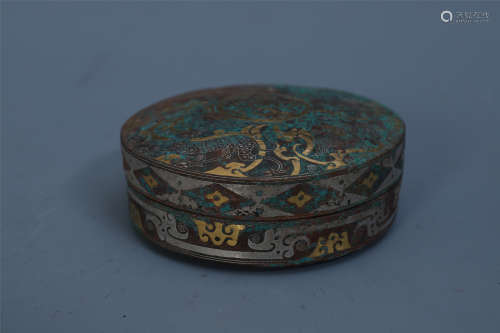 CHINESE SILVER GOLD INLAID BRONZE LIDDED BOX