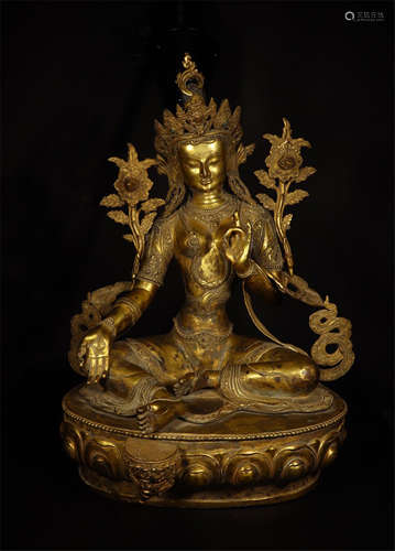 TIBETAN GILT BRONZE SEATED TARA ON LOTUS BASE