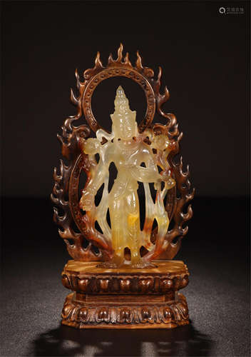 INESE AGATE STANDING GUANYIN ON BOXWOOD NICHE