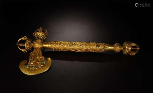 TIBETAN GEM STONE INLAID GILT BRONZE BUDDHIST RITAL AXE