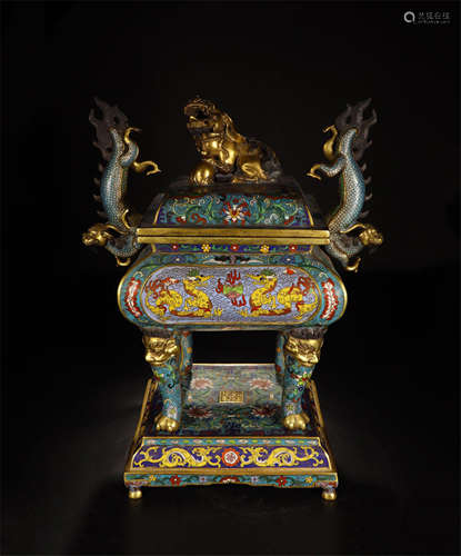 CHINESE CLOISONNE DRAGON HANDLE SQUARE LIDDED CENSER ON BASE