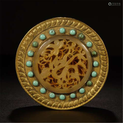 CHINESE TURQUOISE YELLOW JADE PLAQUE INLAID ROUND LIDDED BOX