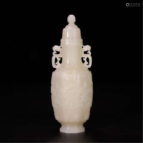 CHINESE WHITE JADE LIDDED HAXEGONAL VASE