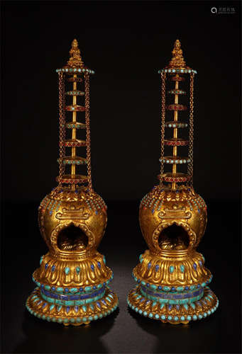 PAIR OF CHINESE GEM STONE INLAID GILT BRONZE BUDDHIST TOWER NICHES