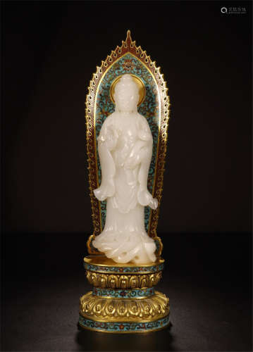 CHINESE WHITE JADE STANDING GUANYIN ON CLOISONNE NICHE