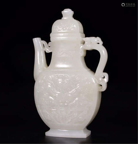 CHINESE WHITE JADE LIDDED BEAST FLATTEN SQUARE VASE