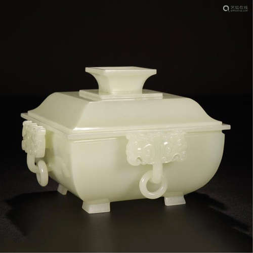 CHINESE WHITE JADE BEAST LOOP HANDLE LIDDED SQUARE CENSER