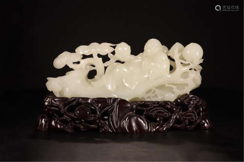 CHINESE WHITE JADE MAN WITH PEACH LINGCHI ON ROSEWOOD STAND TABLE ITEM
