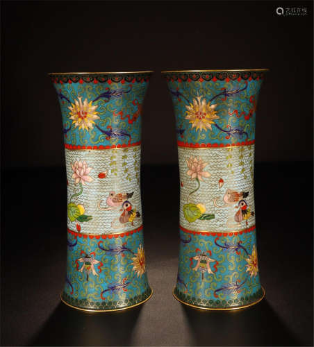 PAIR OF CHINESE CLOISONNE DUCK AND LOTUS GU VASE