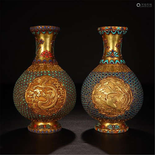 PAIR OF CHINESE TURQUOISE LAPIS INLAID GILT BRONZE VASE