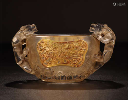 CHINESE GOLD DECOR ROCK CRYSTAL BEAST CUP