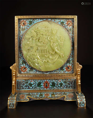 CHINESE YELLOW JADE ROUND PLAQUE INLAID CLOISONNE TABLE SCREEN