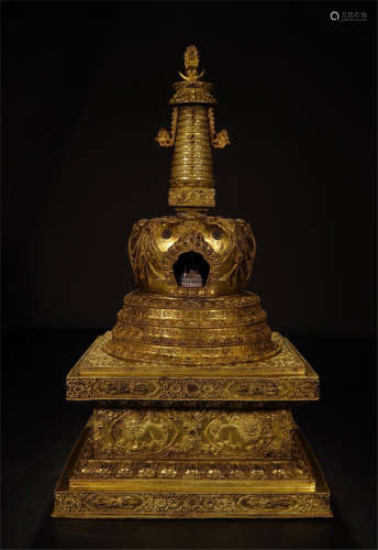 CHINESE GILT BRONZE BUDDHIST TOWER NICHE