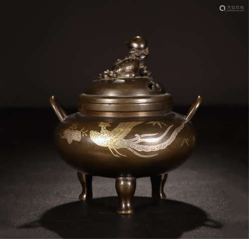 CHINESE GOLD SILVER INLAID BRONZE TRIPLE FEET LIDDED CENSER