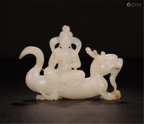 CHINESE WHITE JADE GUANYIN ON DRAGON TABLE ITEM