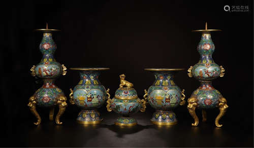 FIVE CHINESE CLOISONNE RITAL VESSEL