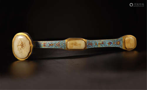 CHINESE JADE PLAQUE INLAID CLOISONNE RUYI SCEPTER