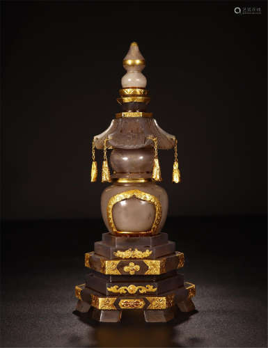 CHINESE GOLD MOUNTED AGATE BUDDHIST RELICS CONTAINER