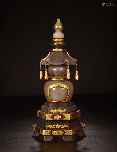 CHINESE GOLD MOUNTED AGATE BUDDHIST RELICS CONTAINER