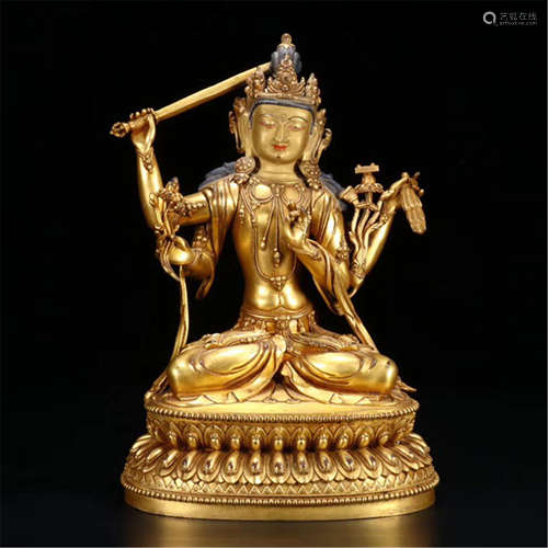 CHINESE GILT BRONZE SEATED BODHISATTVA MANJUSRI