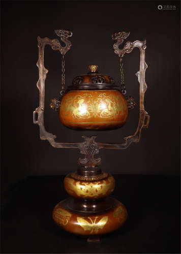 CHINESE GOLD INLAID BRONZE CENSER ON FRAME